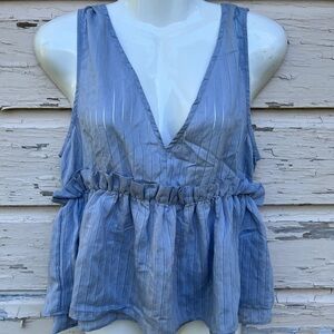 Mustard Seed Chambray Bluspero Beachy Breezy Coastal Crop Top Blouse Sheer H2